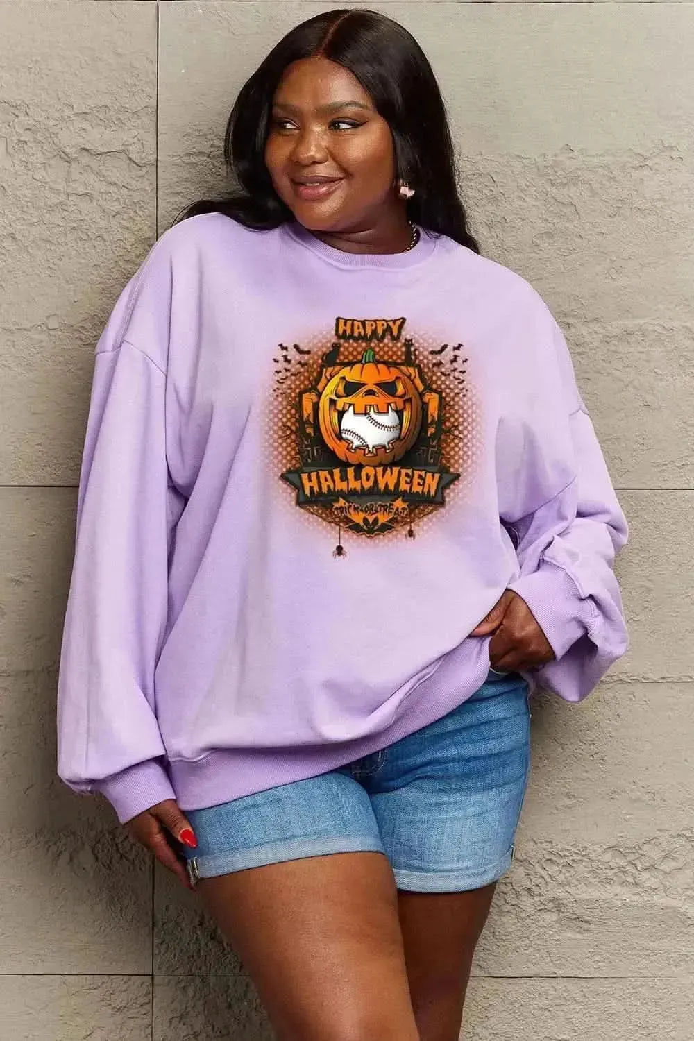 Simply Love Full Size HAPPY HALLOWEEN Graphic Sweatshirt - Bad Moms Club