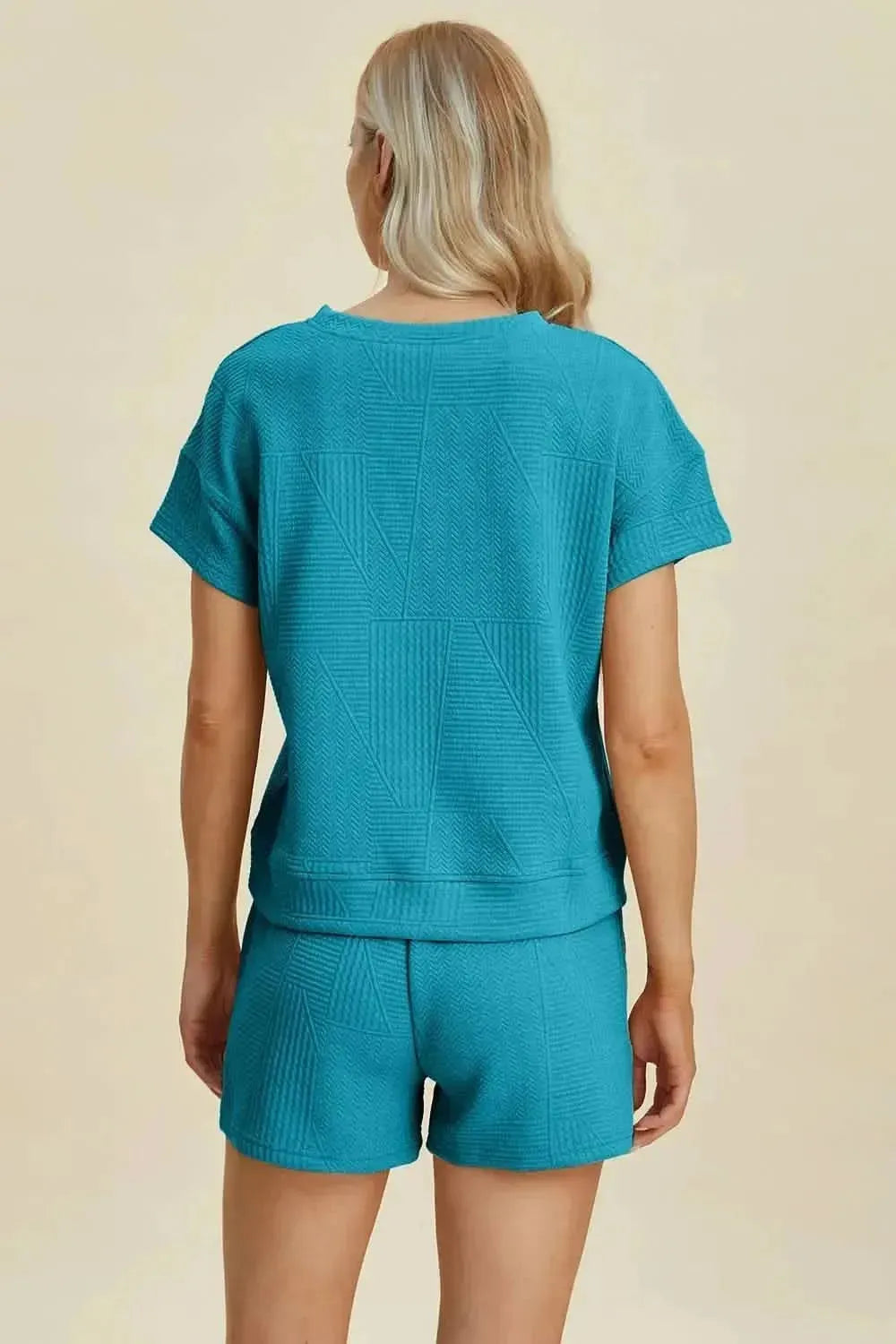 Double Take Full Size Texture Short Sleeve Top and Shorts Set - Bad Moms Club