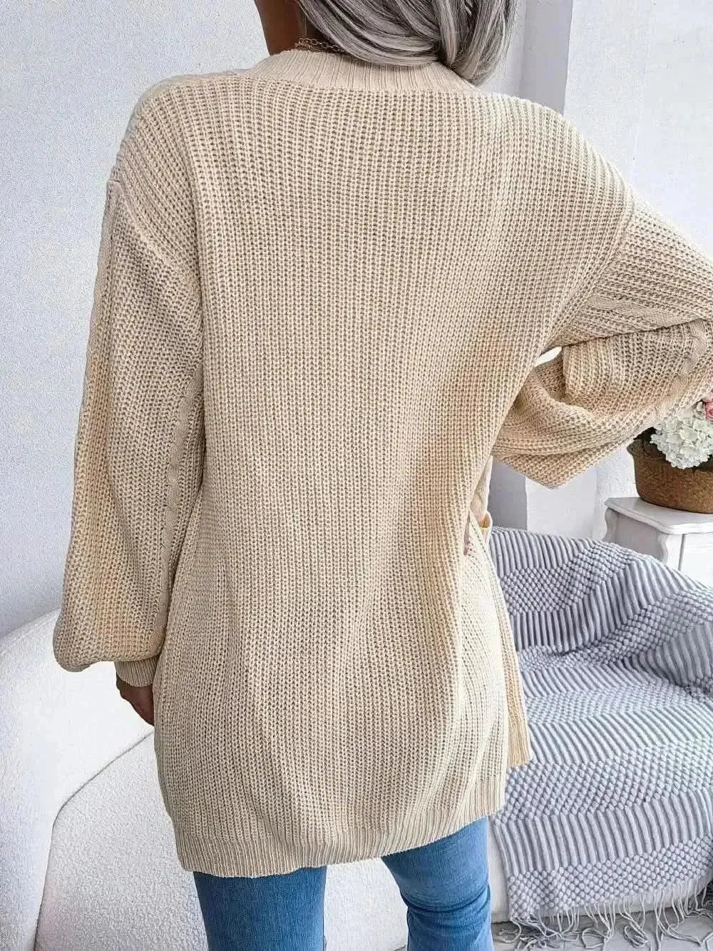 Cable-Knit Open Front Pocketed Cardigan - Bad Moms Club