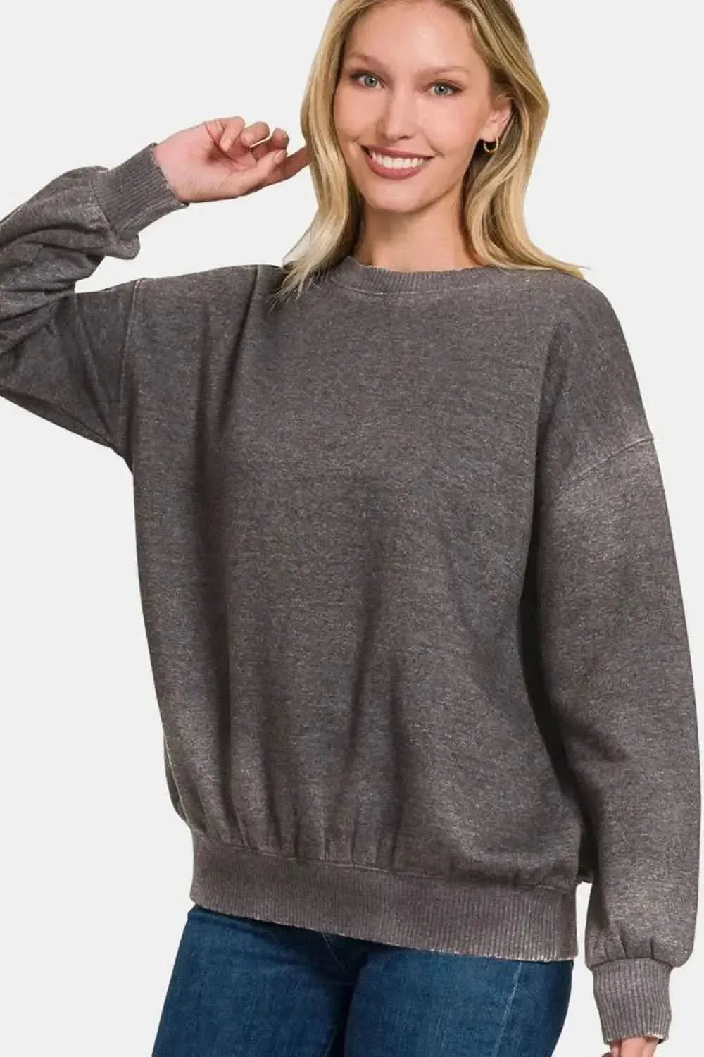 Zenana Full Size Acid Wash Fleece Long Sleeve Sweatshirt - Bad Moms Club