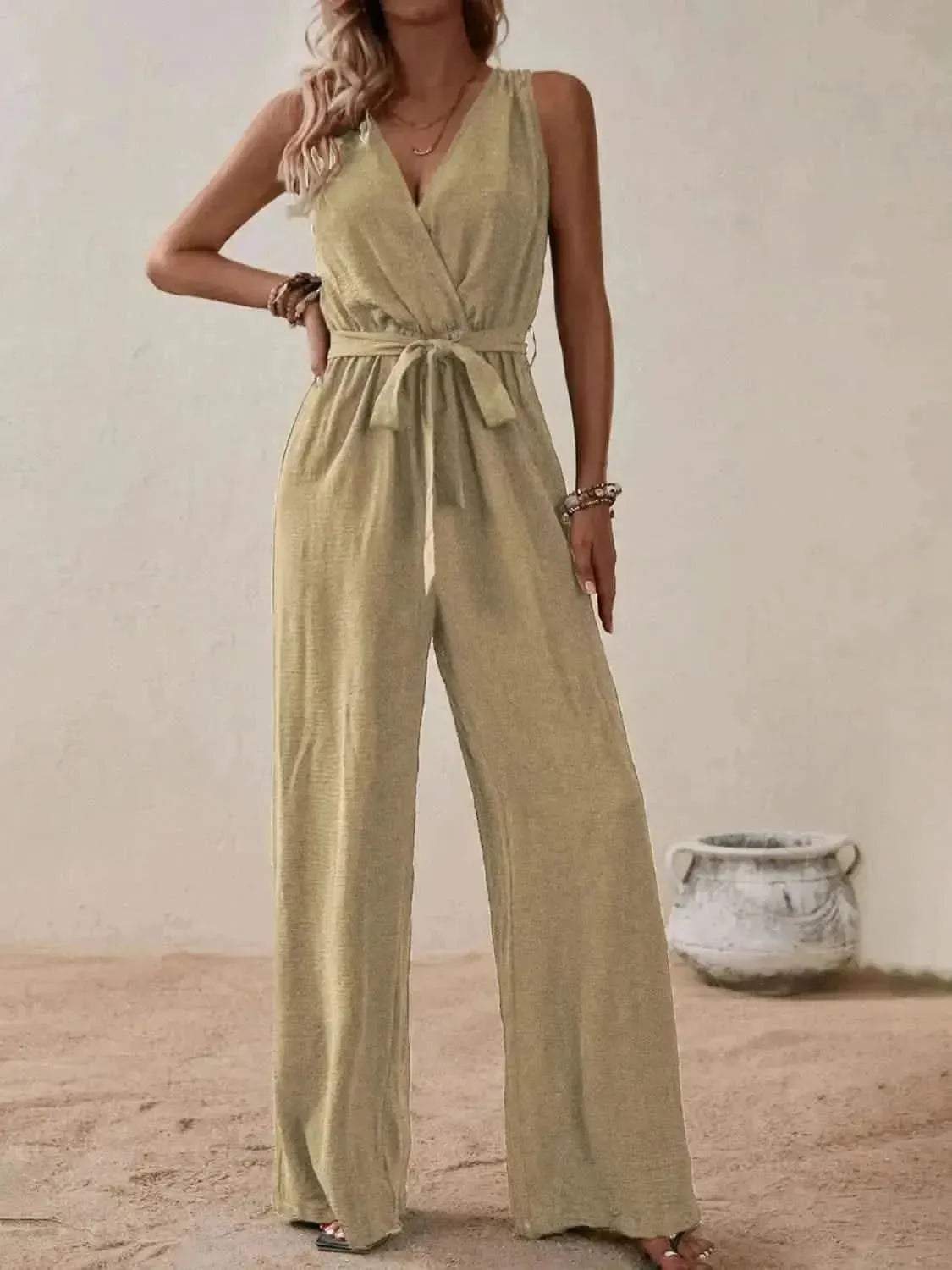 Honey Tied Surplice Sleeveless Wide Leg Jumpsuit - Bad Moms Club