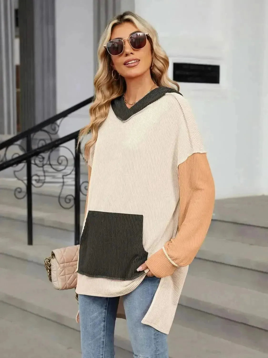Double Take Contrast Hooded Long Sleeve Top - Bad Moms Club