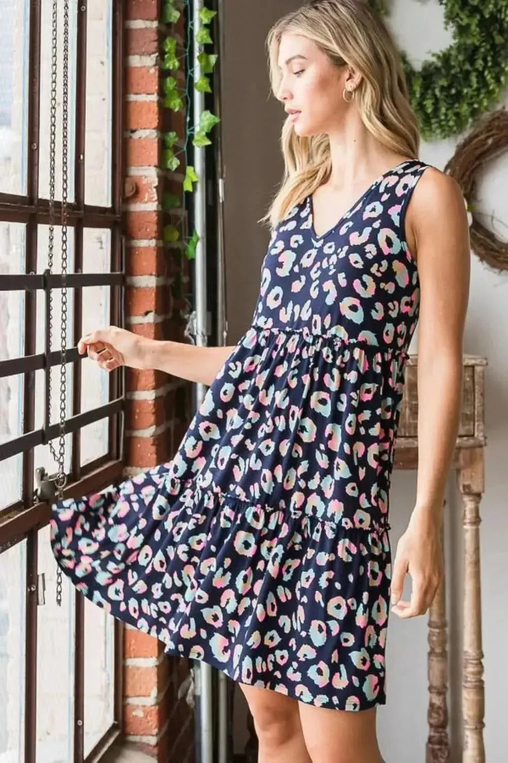 Heimish Full Size Leopard V-Neck Ruffled Tank Dress - Bad Moms Club