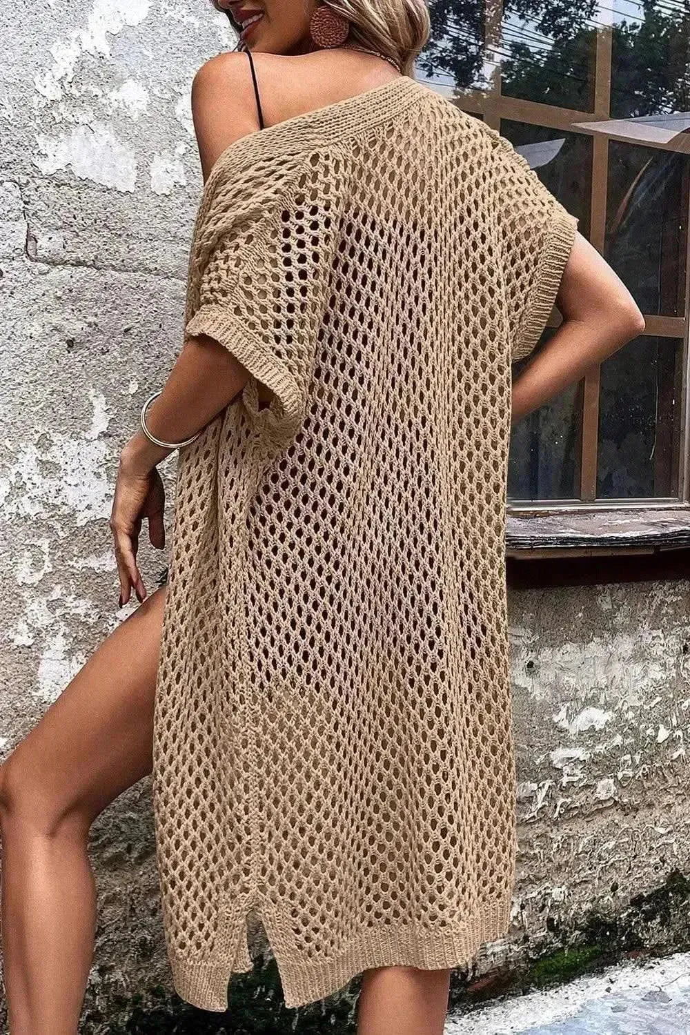 Openwork Open Front Short Sleeve Cardigan - Bad Moms Club