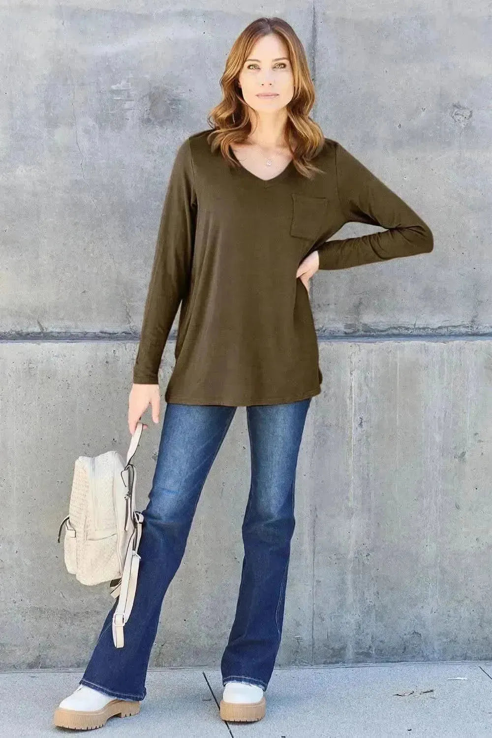 Basic Bae Full Size V-Neck Long Sleeve Top - Bad Moms Club