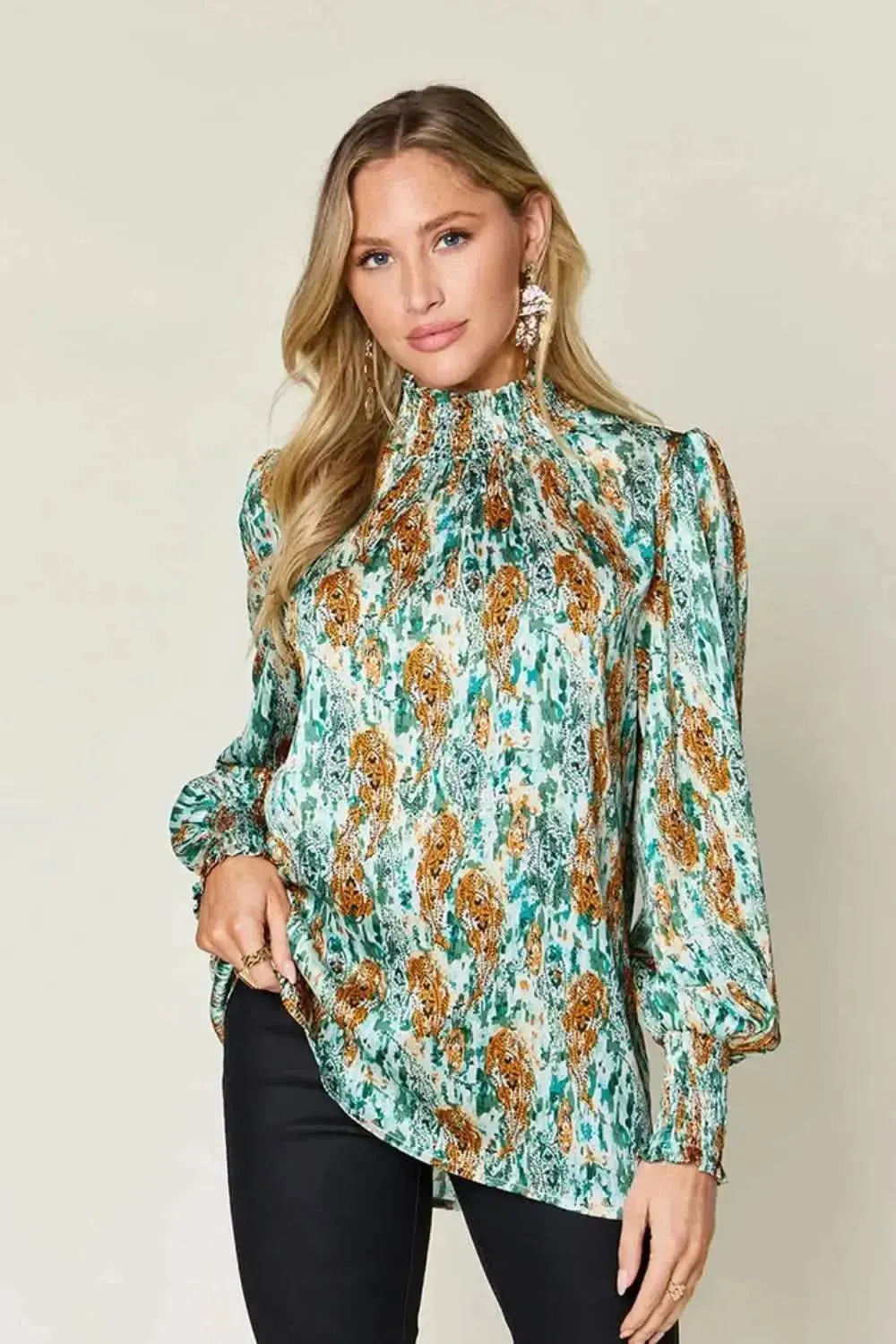 Double Take Full Size Printed Smocked Long Sleeve Blouse - Bad Moms Club