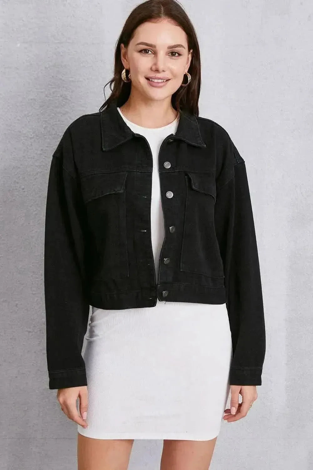 Button Up Dropped Shoulder Denim Jacket - Bad Moms Club