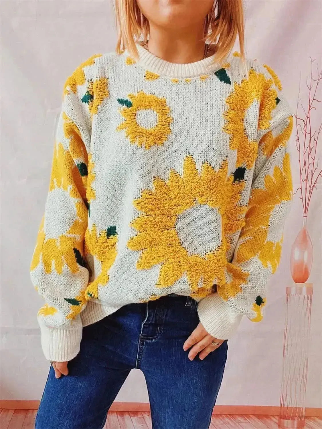 Sunflower Dropped Shoulder Long Sleeve Sweater - Bad Moms Club