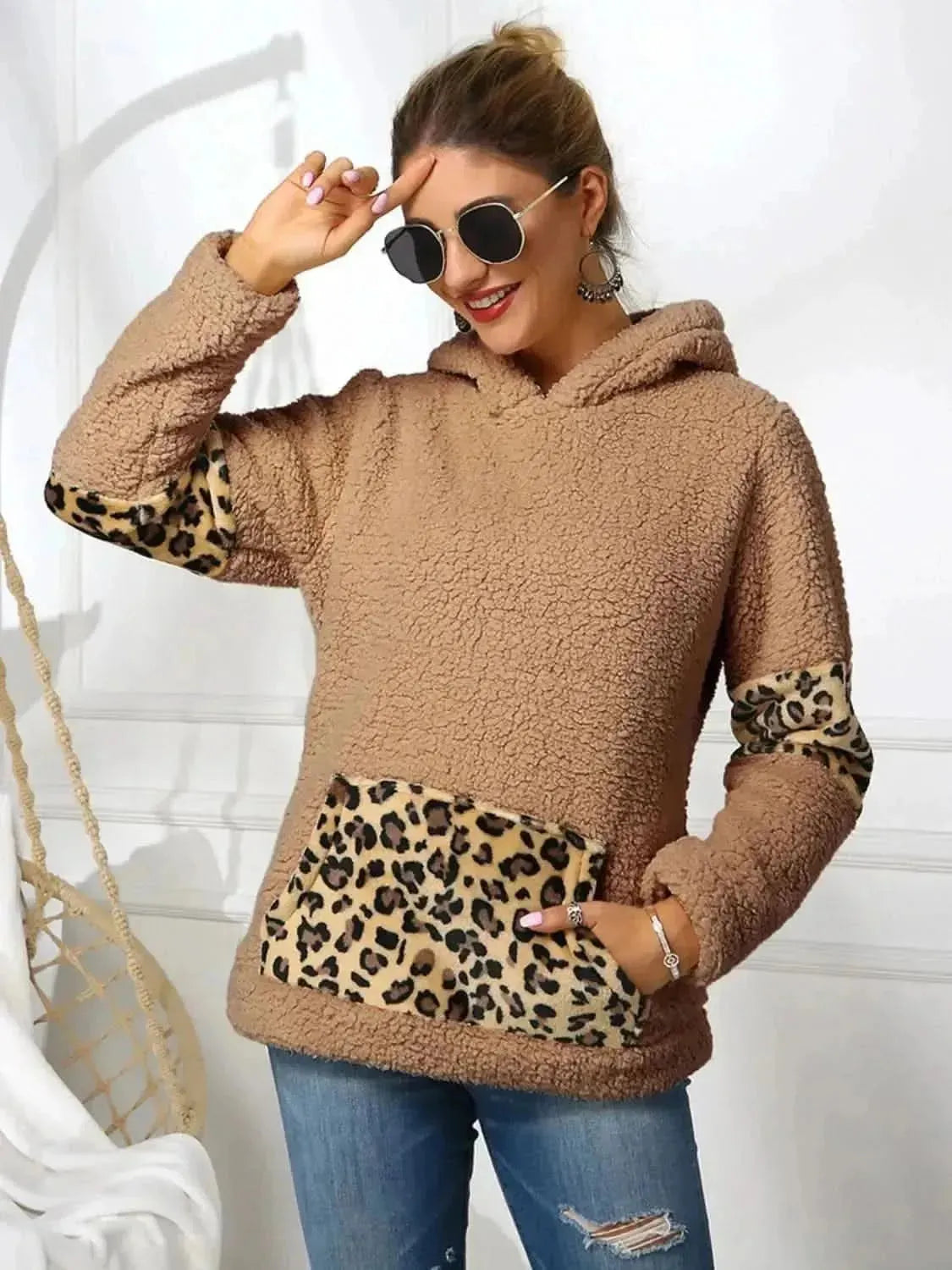 Ivy Lane Sherpa Leopard Long Sleeve Hoodie - Bad Moms Club