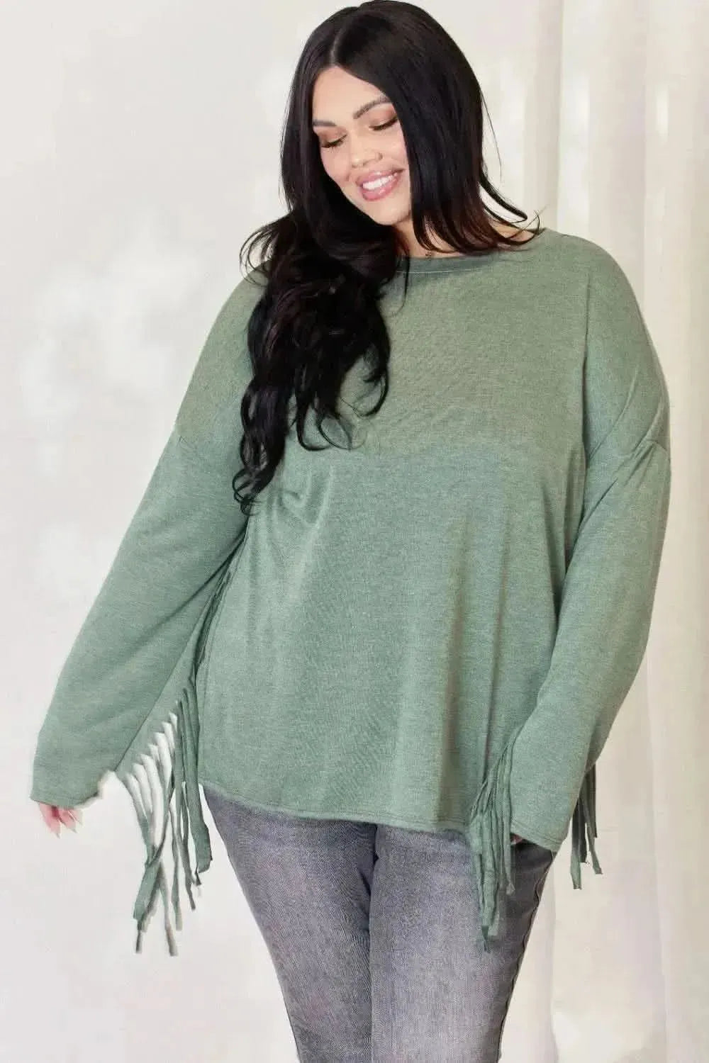 Celeste Full Size Fringe Detail Long Sleeve Top - Bad Moms Club