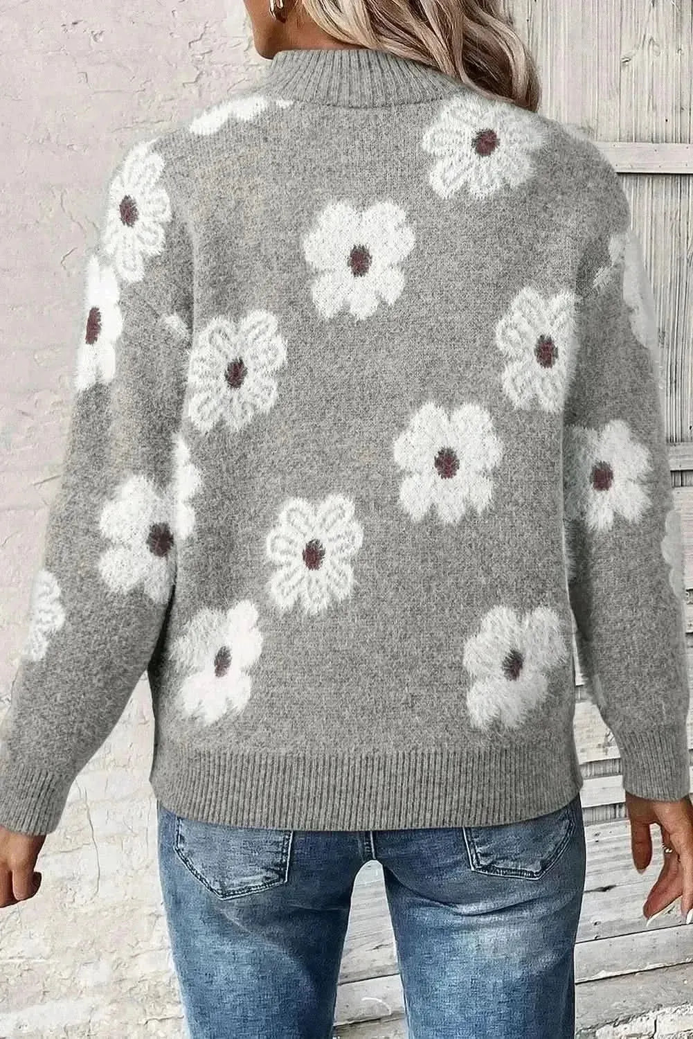 Flower Half Zip Long Sleeve Sweater - Bad Moms Club