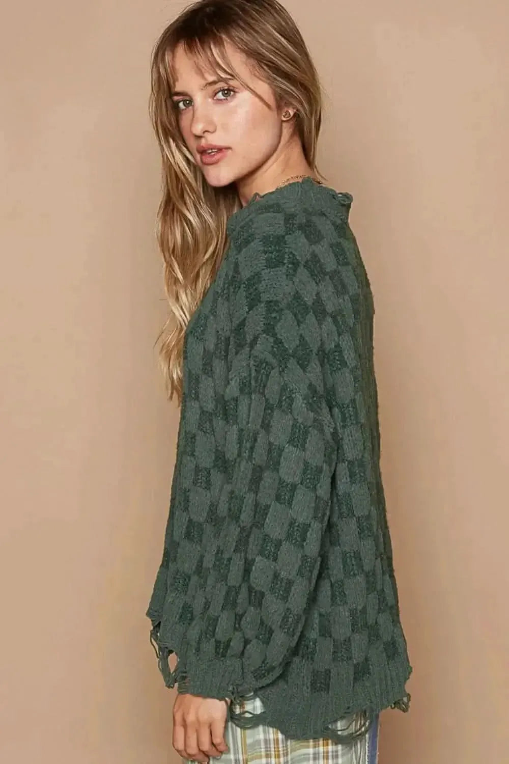 POL Checkered Distressed Edge Sweater - Bad Moms Club