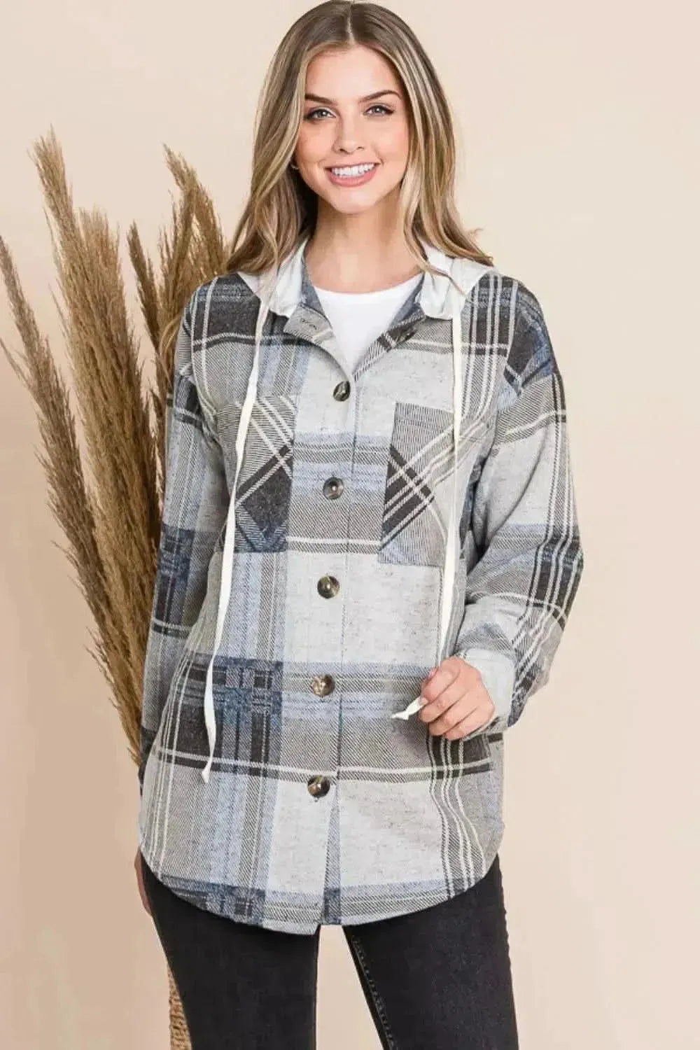 Reborn J Plaid Button Up Drawstring Hooded Jacket - Bad Moms Club
