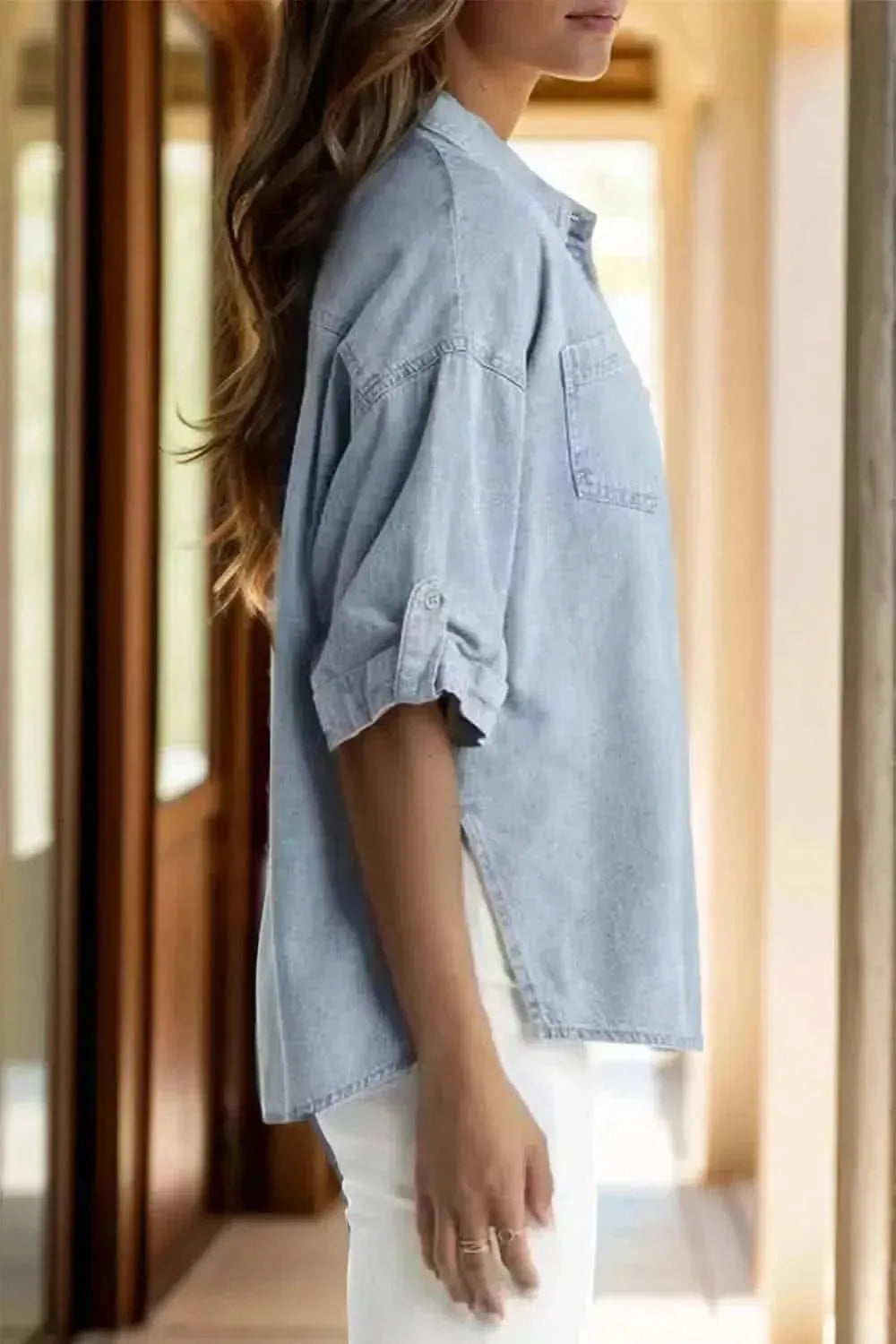 Pocketed Button Up Half Sleeve Denim Shirt - Bad Moms Club