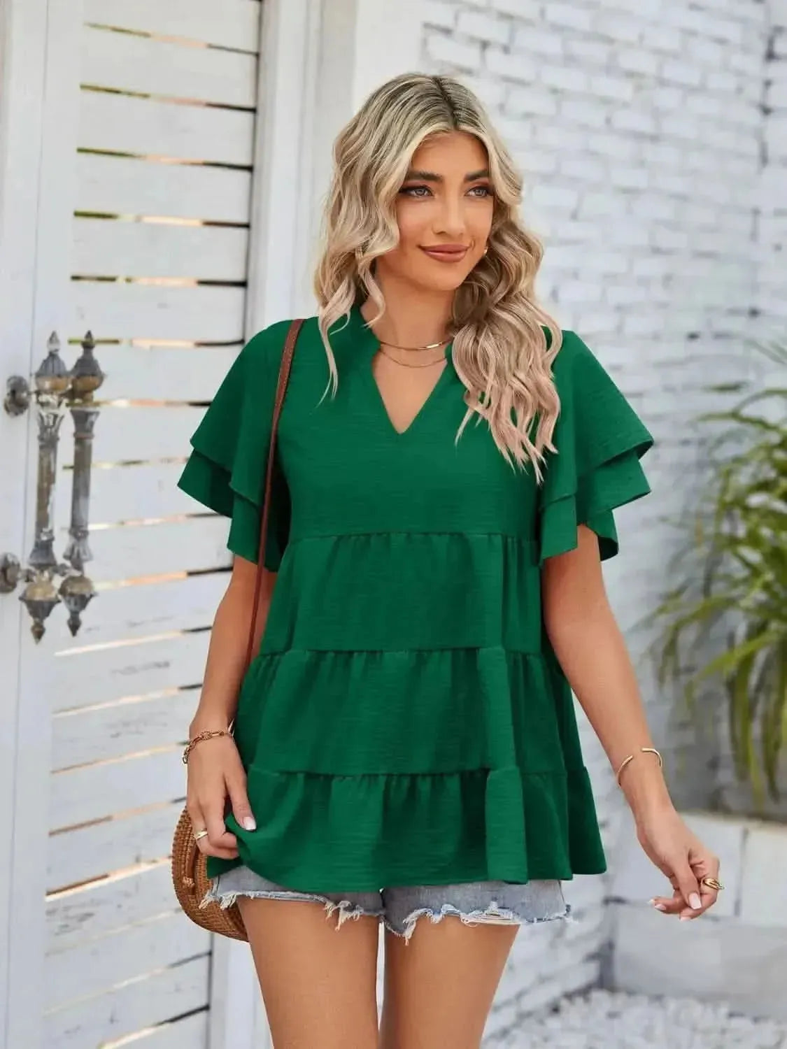 Tiered Notched Short Sleeve Blouse - Bad Moms Club