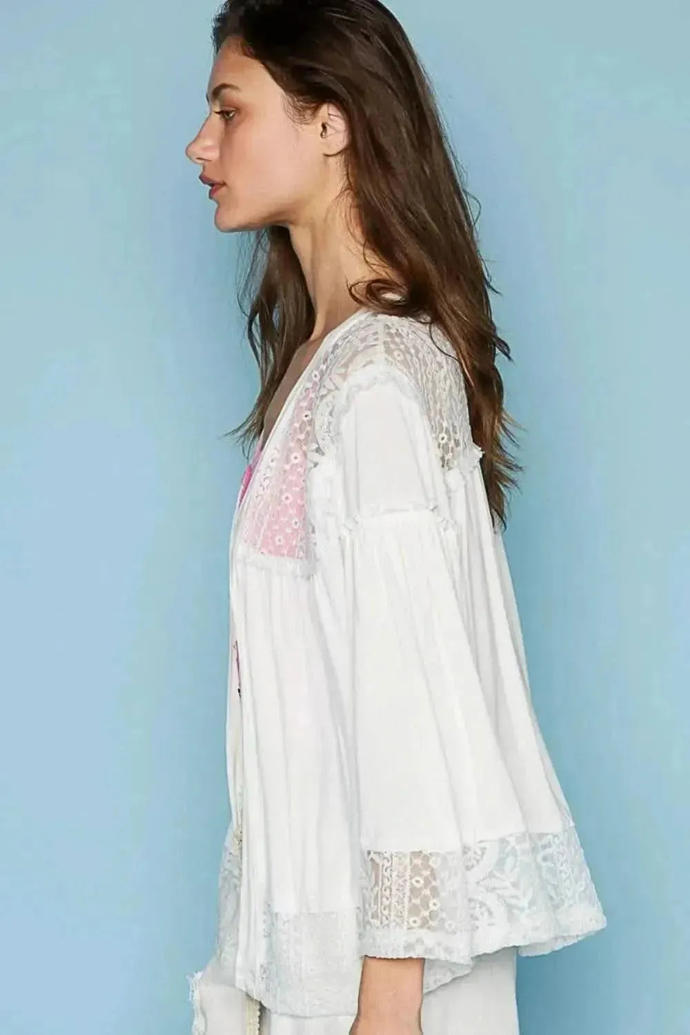 POL Open Front Lace Detail Cardigan - Bad Moms Club