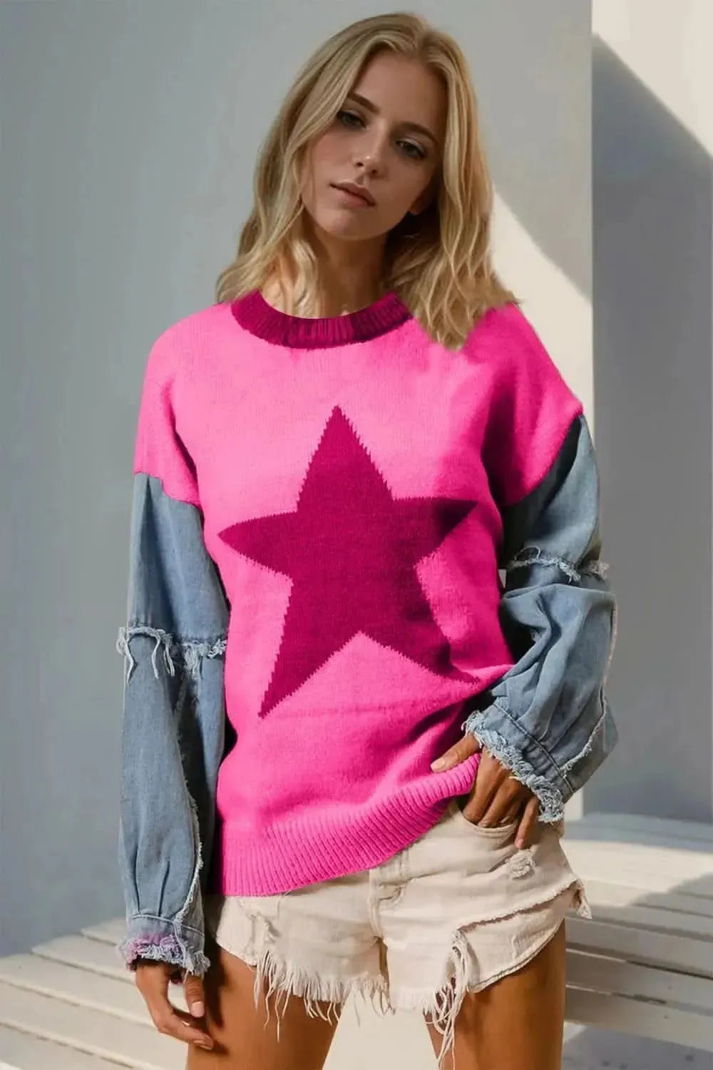 Double Take Full Size Star Pattern Raw Edge Long Sleeve Sweater - Bad Moms Club