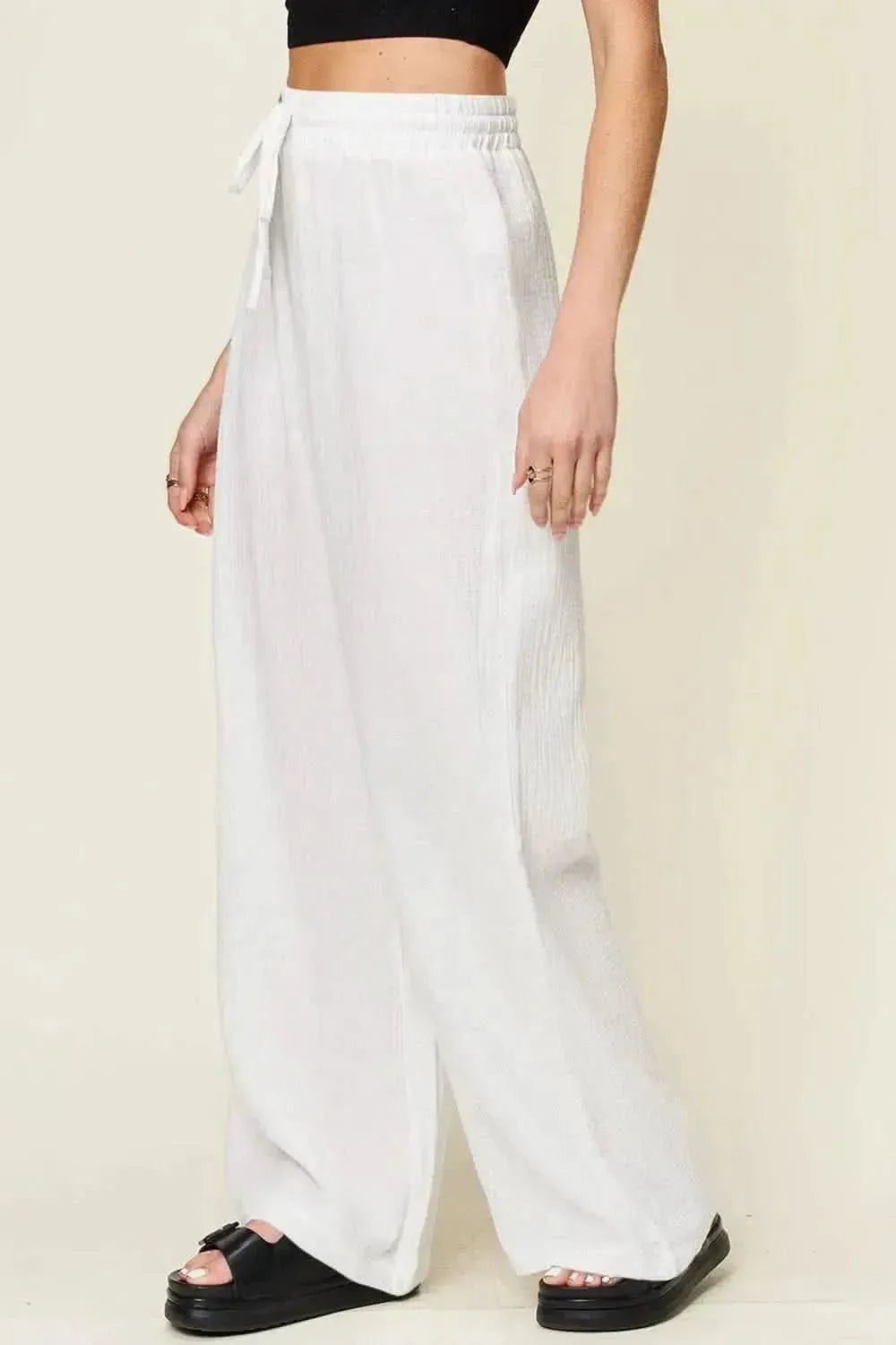 Double Take Full Size Texture Drawstring Wide Leg Pants - Bad Moms Club