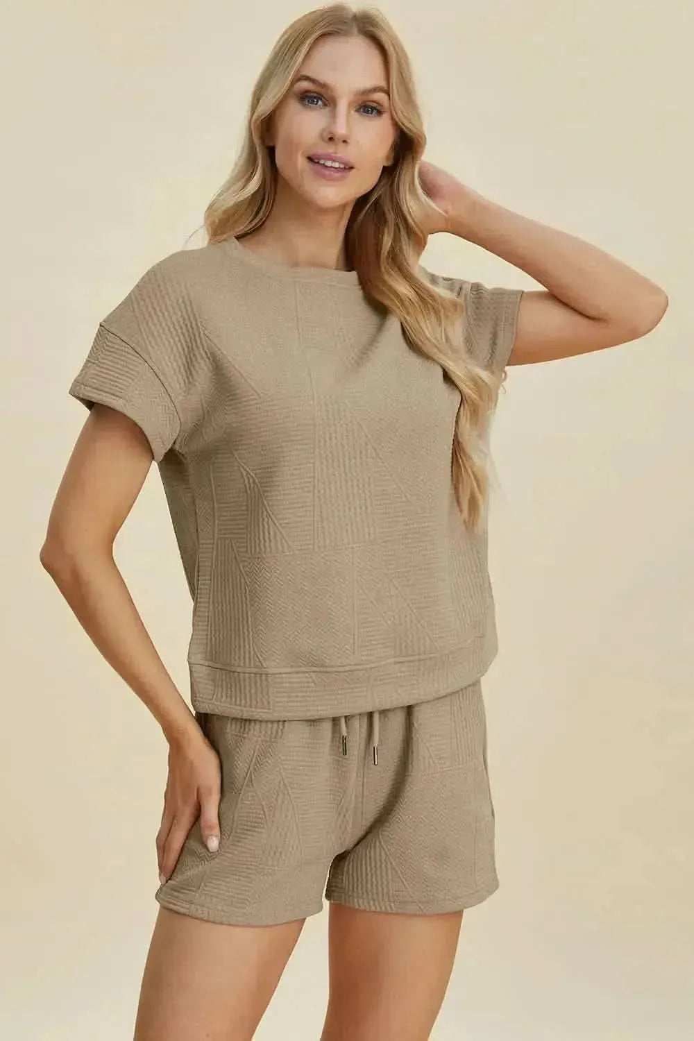 Double Take Full Size Texture Short Sleeve Top and Shorts Set - Bad Moms Club
