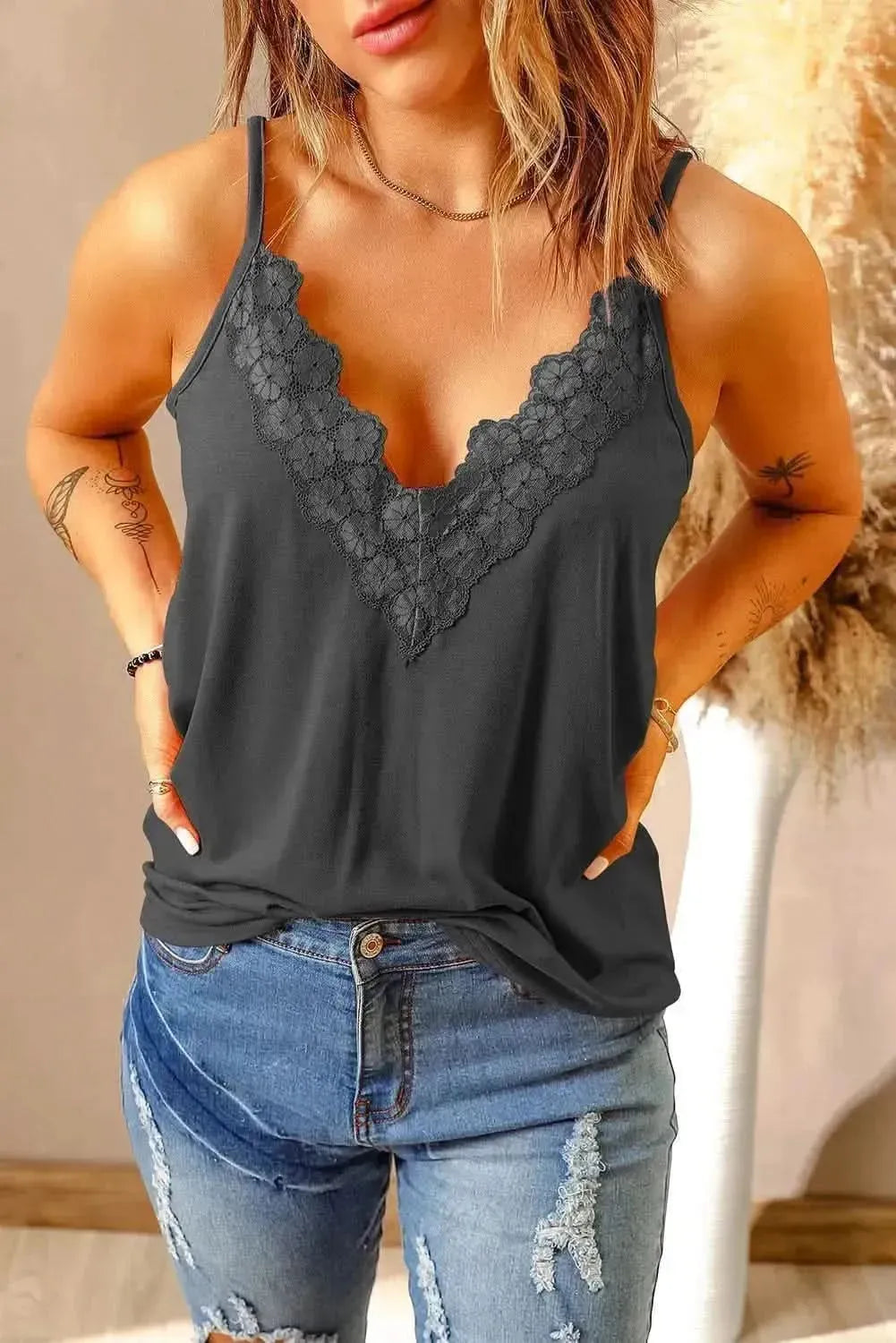 Full Size Lace Trim V-Neck Cami Top - Bad Moms Club