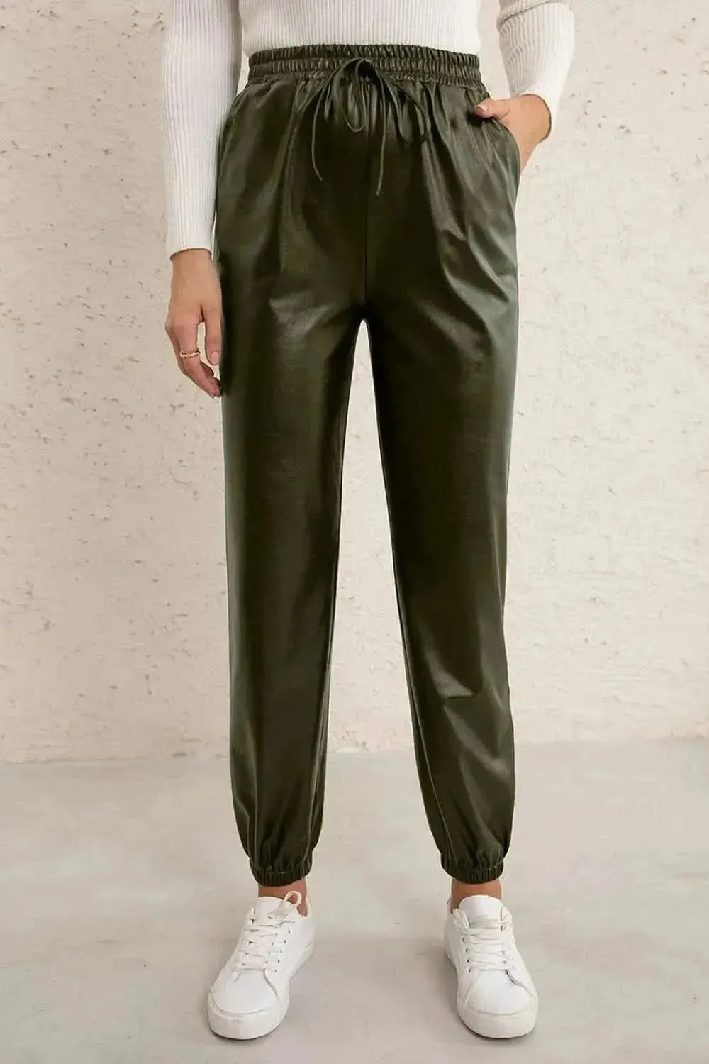 Ivy Lane Elastic Waist PU Leather Joggers - Bad Moms Club