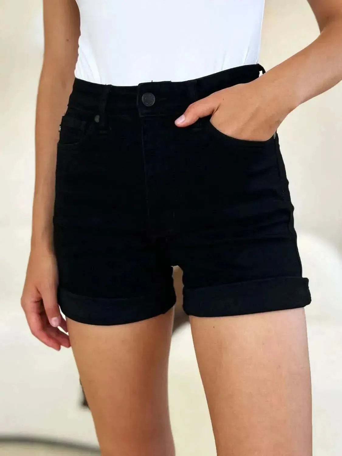 Judy Blue Full Size High Waist Tummy Control Cuffed Denim Shorts - Bad Moms Club