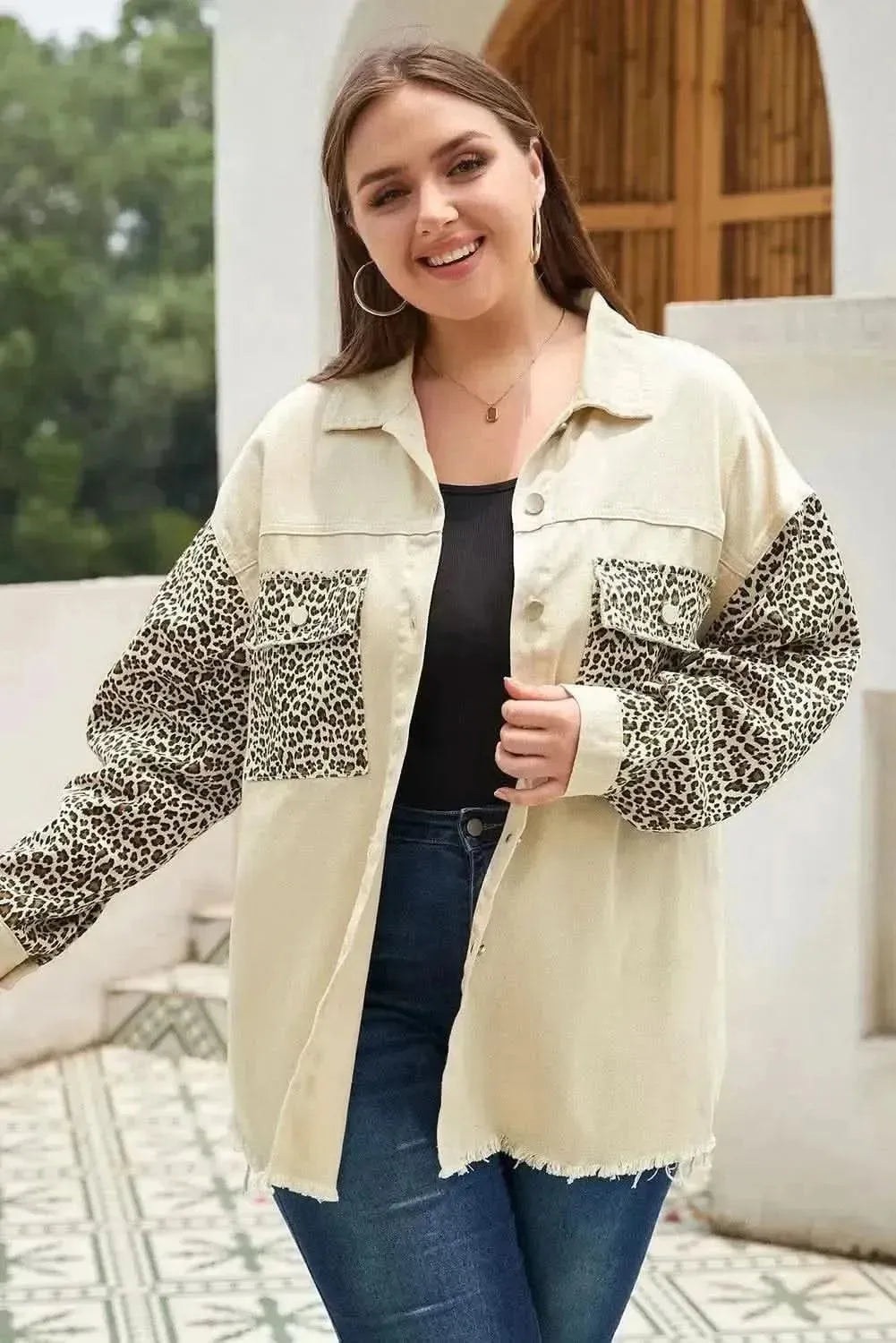 Plus Size Leopard Button Up Raw Hem Denim Jacket - Bad Moms Club