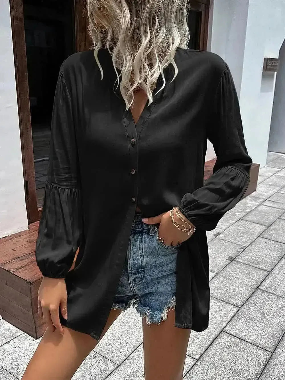 Ivy Lane Notched Neck Balloon Sleeve Shirt - Bad Moms Club