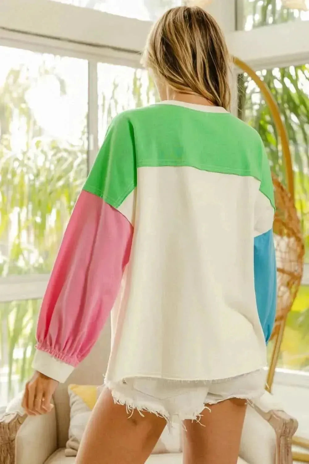 BiBi Color Block Patched Long Sleeve Top - Bad Moms Club