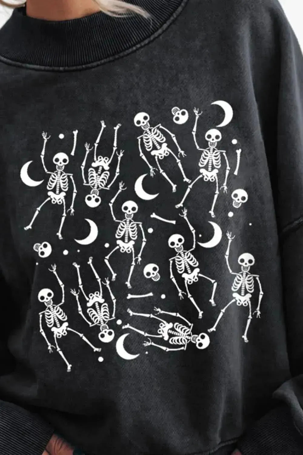 Skeleton Graphic Round Neck Long Sleeve Sweatshirt - Bad Moms Club