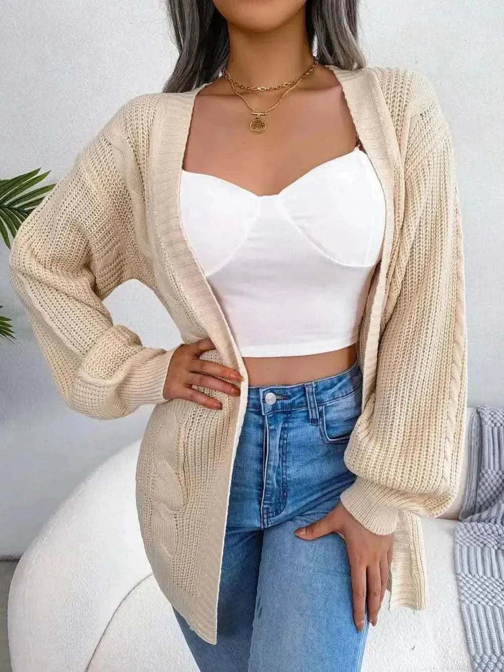 Cable-Knit Open Front Pocketed Cardigan - Bad Moms Club
