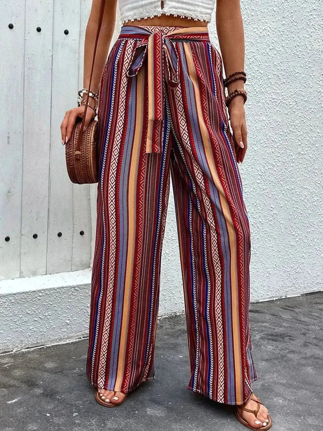 Perfee Tied Geometric Wide Leg Pants - Bad Moms Club