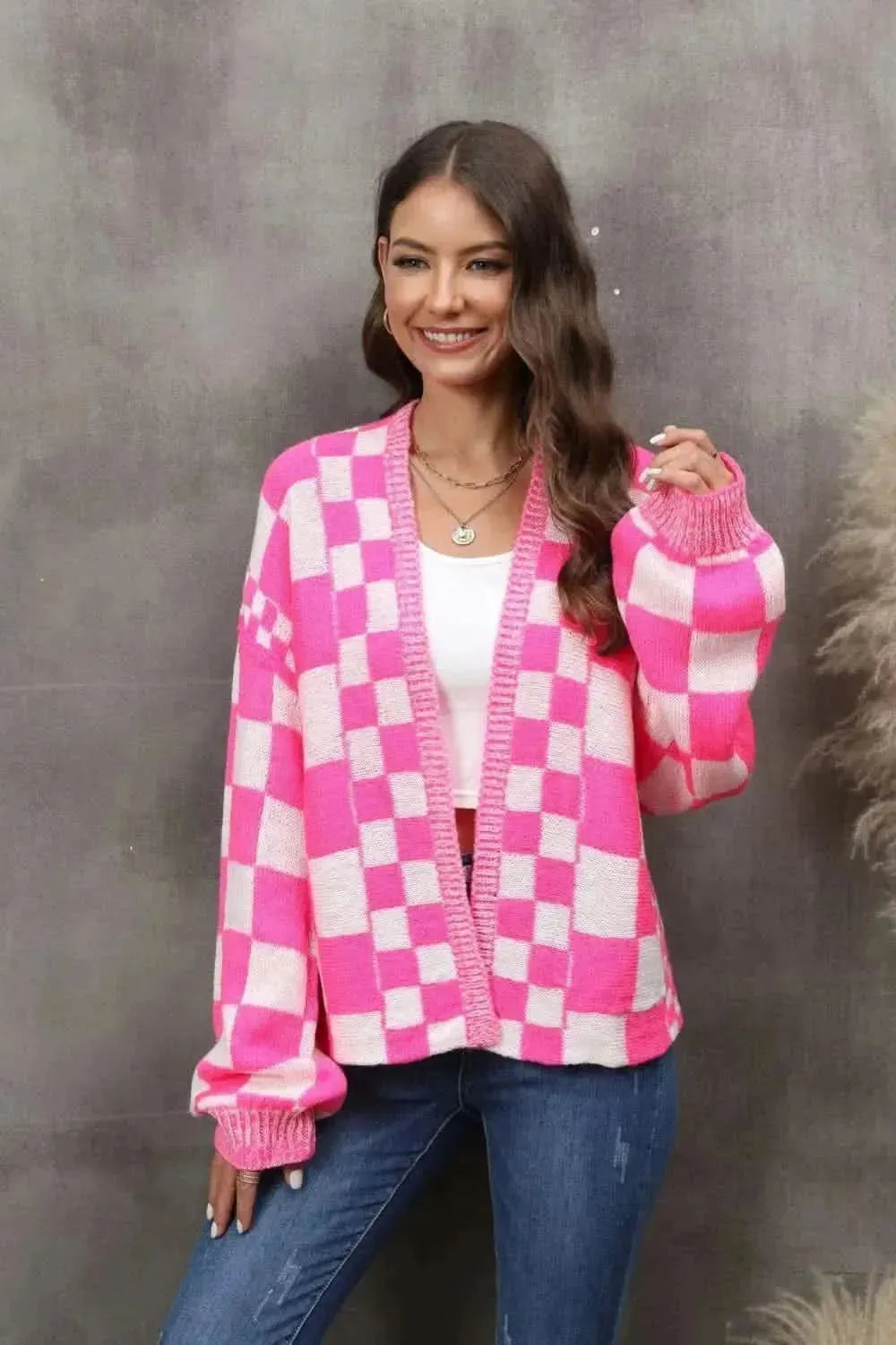 Checkered Open Front Drop Shoulder Cardigan - Bad Moms Club