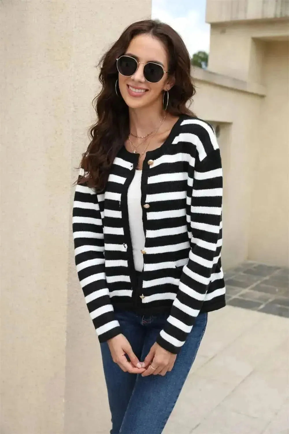 Striped Round Neck Button-Down Dropped Shoulder Cardigan - Bad Moms Club