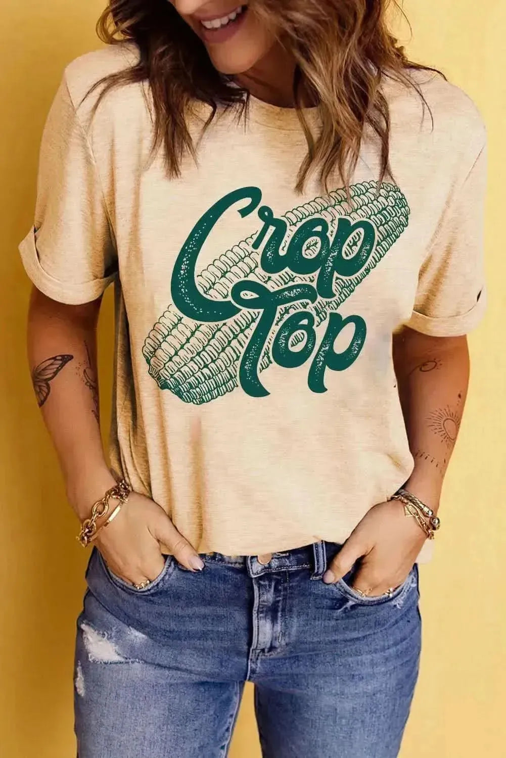 Corn Letter Graphic Cuffed Tee - Bad Moms Club