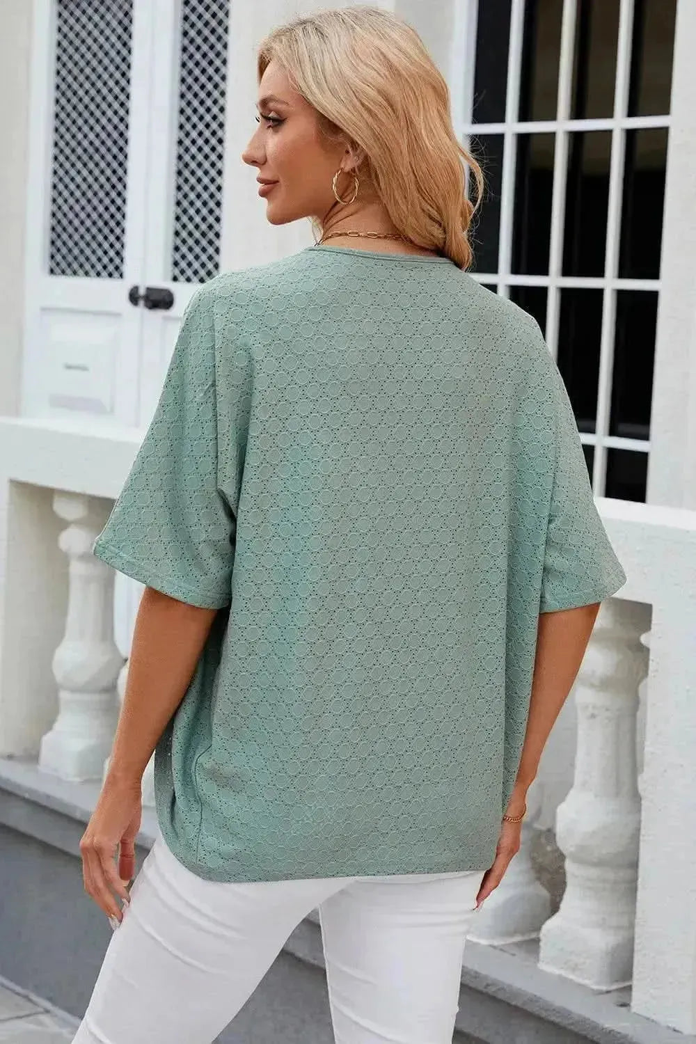 Eyelet Open Front Half Sleeve Cardigan - Bad Moms Club