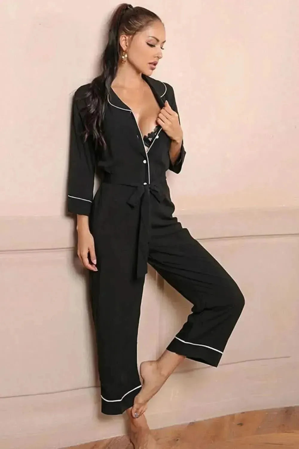 Contrast Belted Lapel Collar Jumpsuit - Bad Moms Club