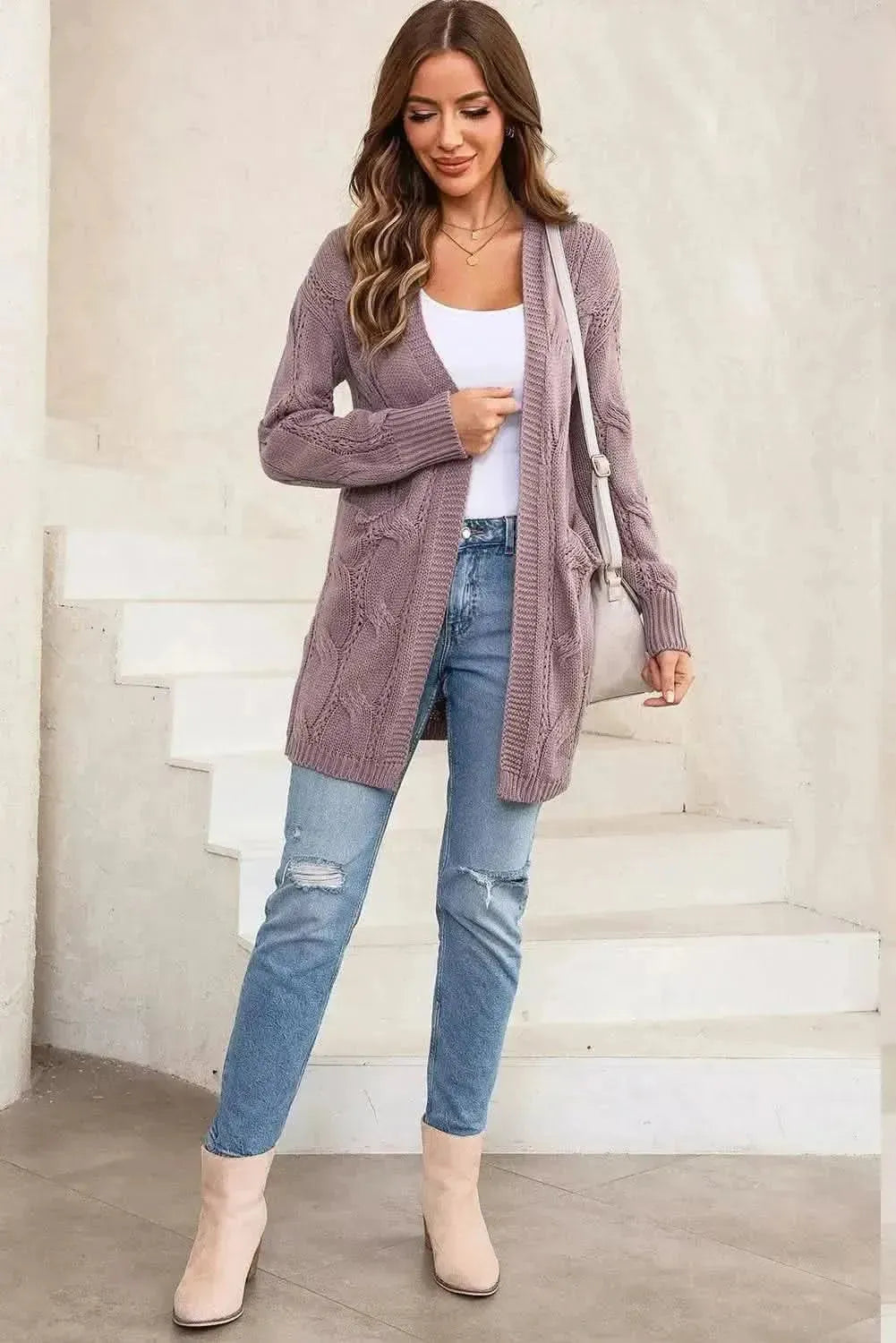 Cable-Knit Dropped Shoulder Slit Cardigan - Bad Moms Club
