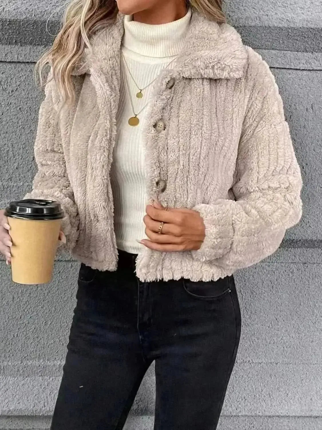 Button Up Long Sleeve Fuzzy Outerwear - Bad Moms Club