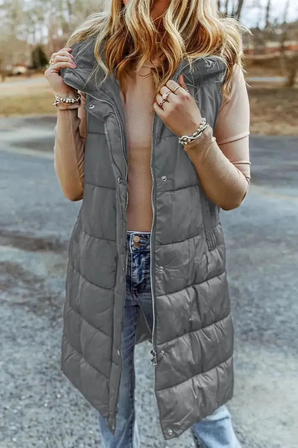 Longline Hooded Sleeveless Puffer Vest - Bad Moms Club