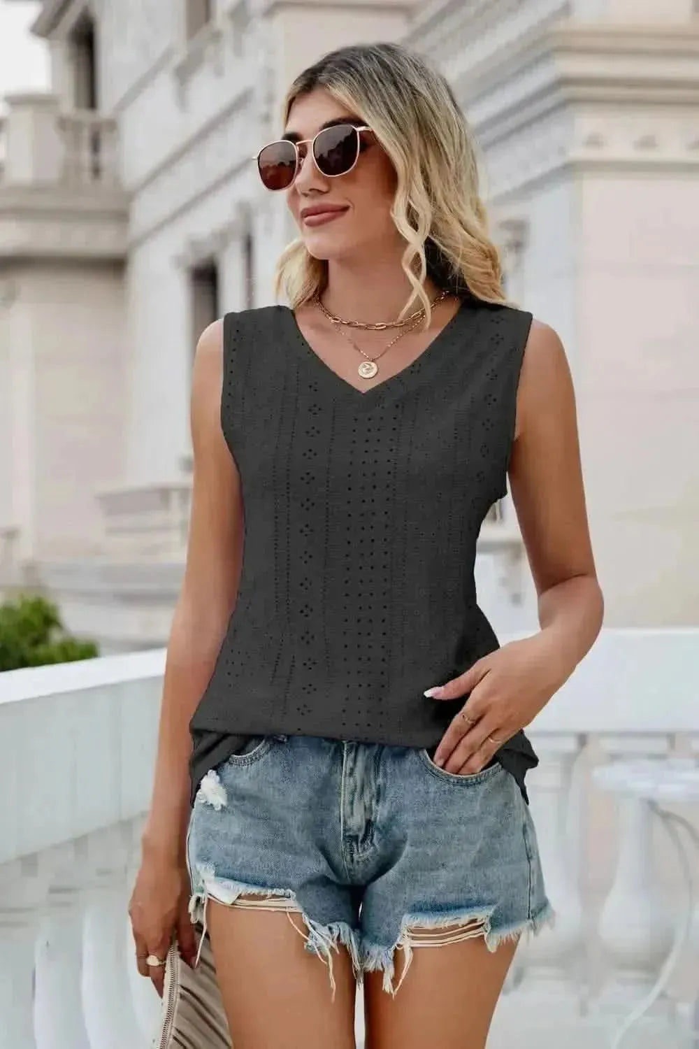 Eyelet V-Neck Tank - Bad Moms Club