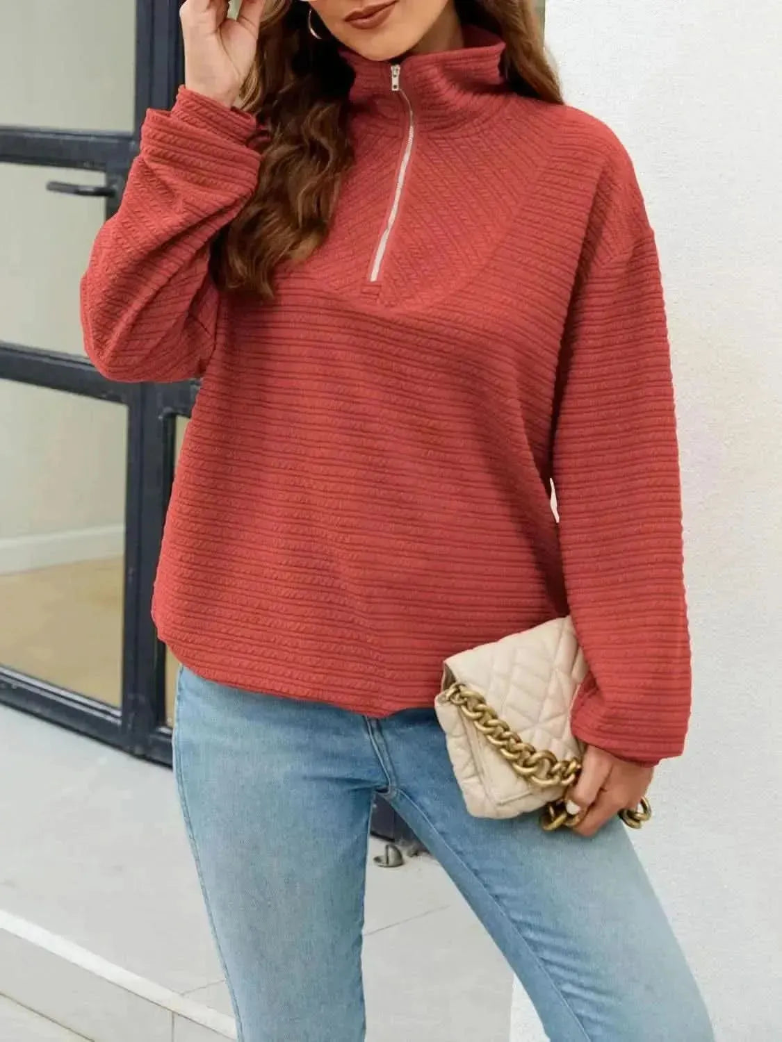 Quarter-Zip Collared Drop Shoulder Sweatshirt - Bad Moms Club