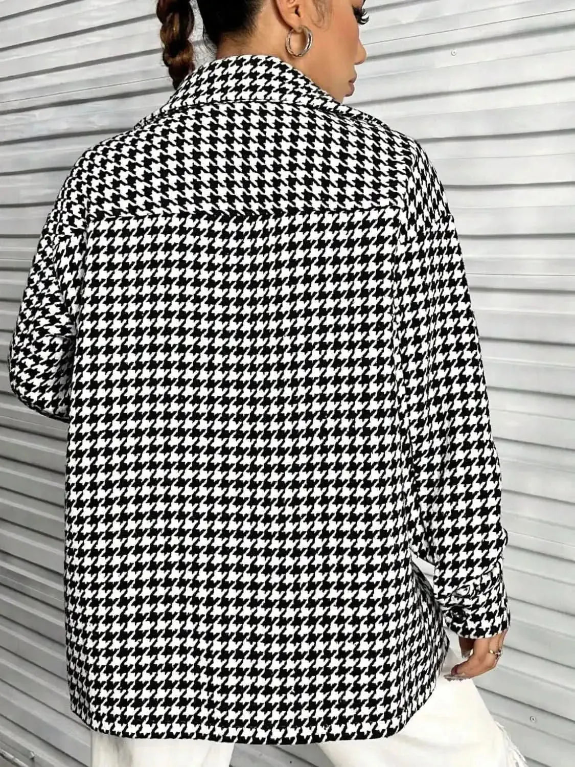 Houndstooth Button Down Long Sleeve Shacket - Bad Moms Club