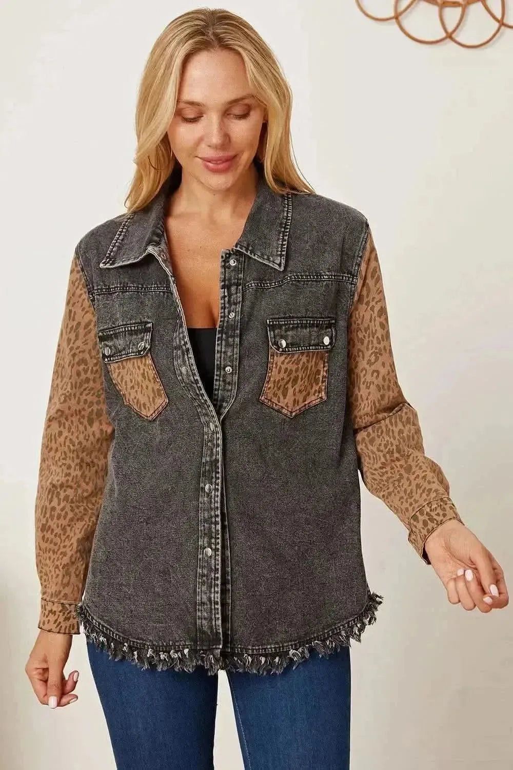 MeiMei Leopard Raw Hem Pocketed Denim Jacket - Bad Moms Club