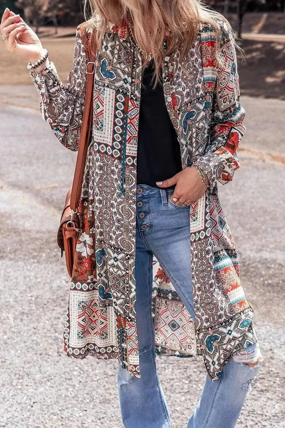 Printed Open Front Collared Neck Cardigan - Bad Moms Club