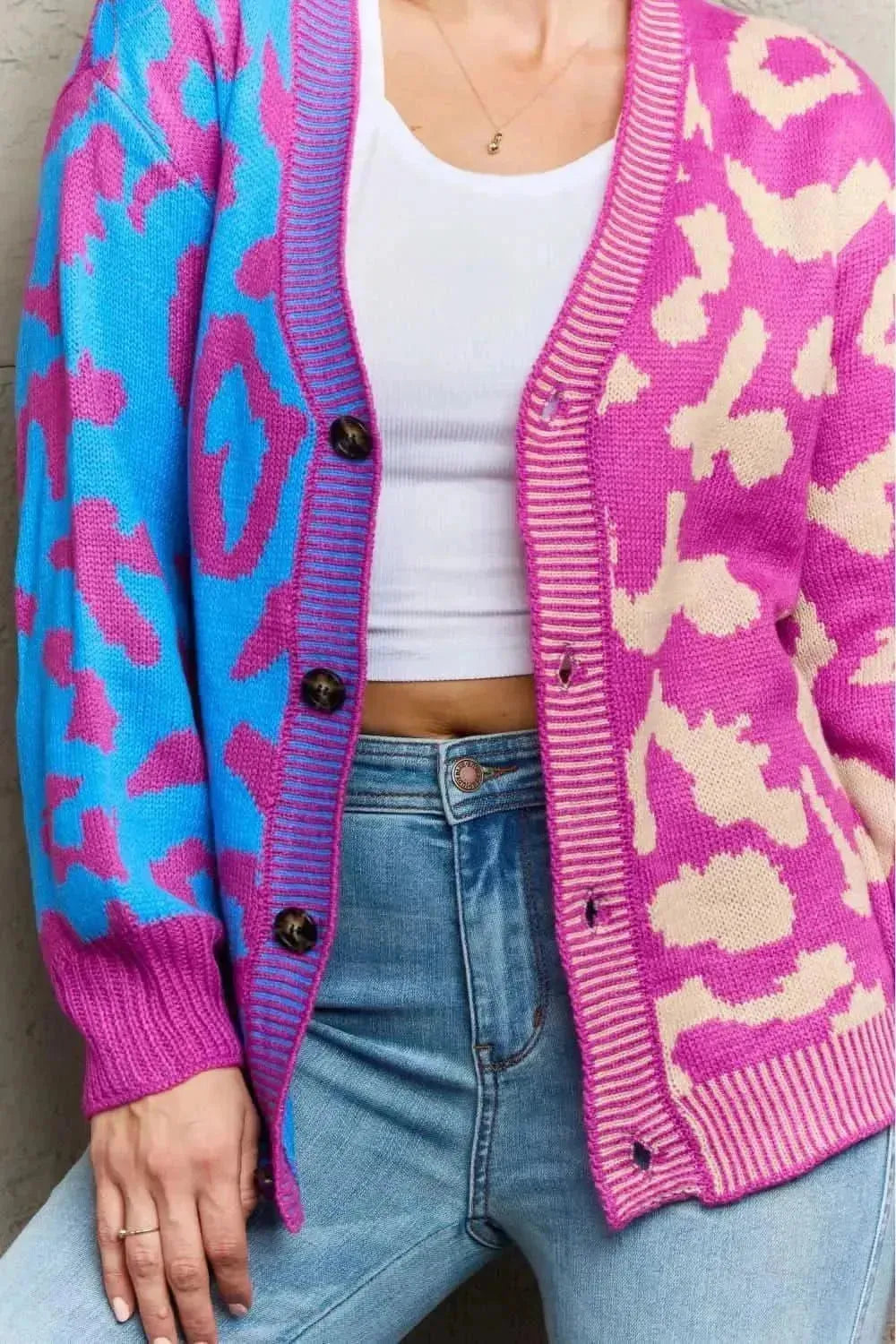 Leopard Button Front Ribbed Trim Cardigan - Bad Moms Club