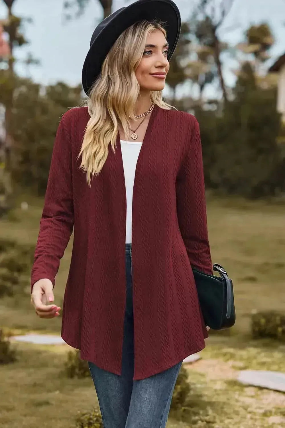 Textured Open Front Long Sleeve Cardigan - Bad Moms Club