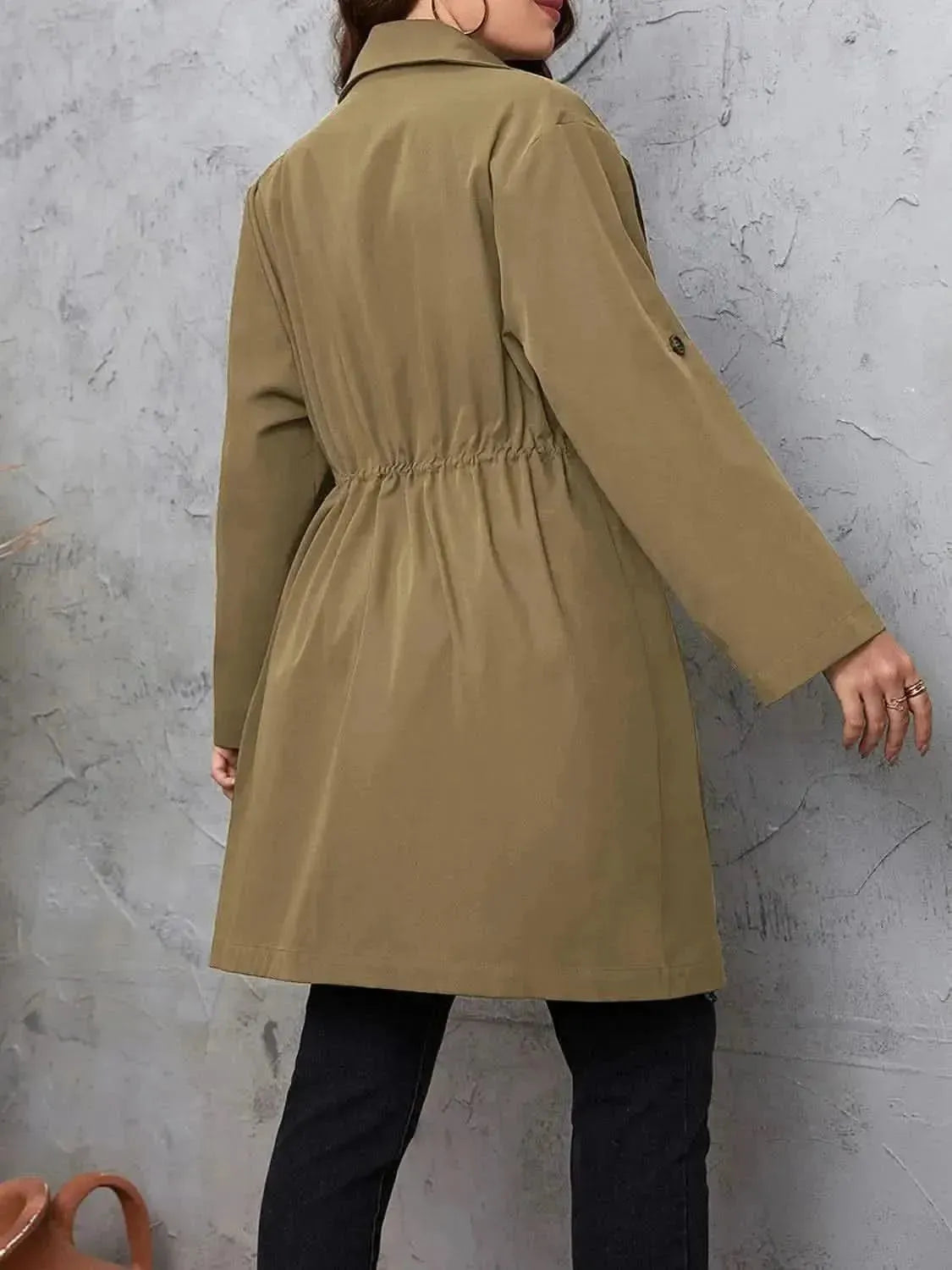 Plus Size Lapel Collar Drawstring Roll-Tab Sleeve Trench Coat - Bad Moms Club