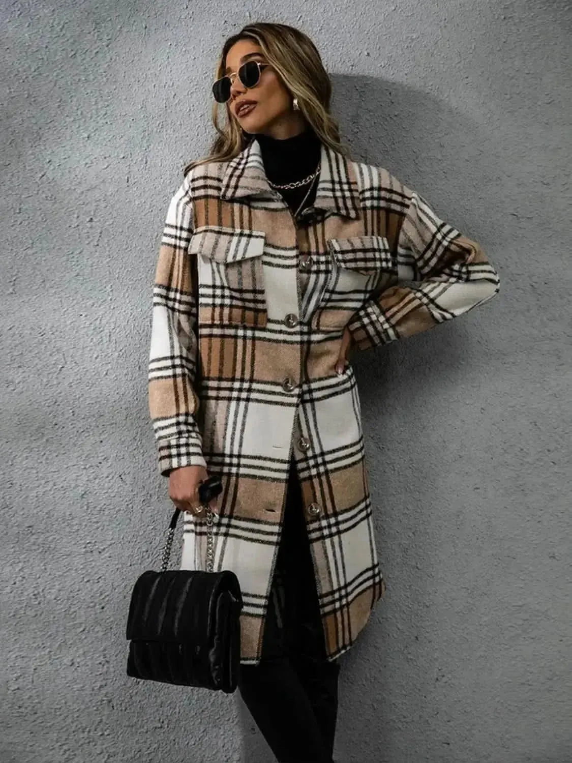 Plaid Collared Neck Long Sleeve Coat - Bad Moms Club