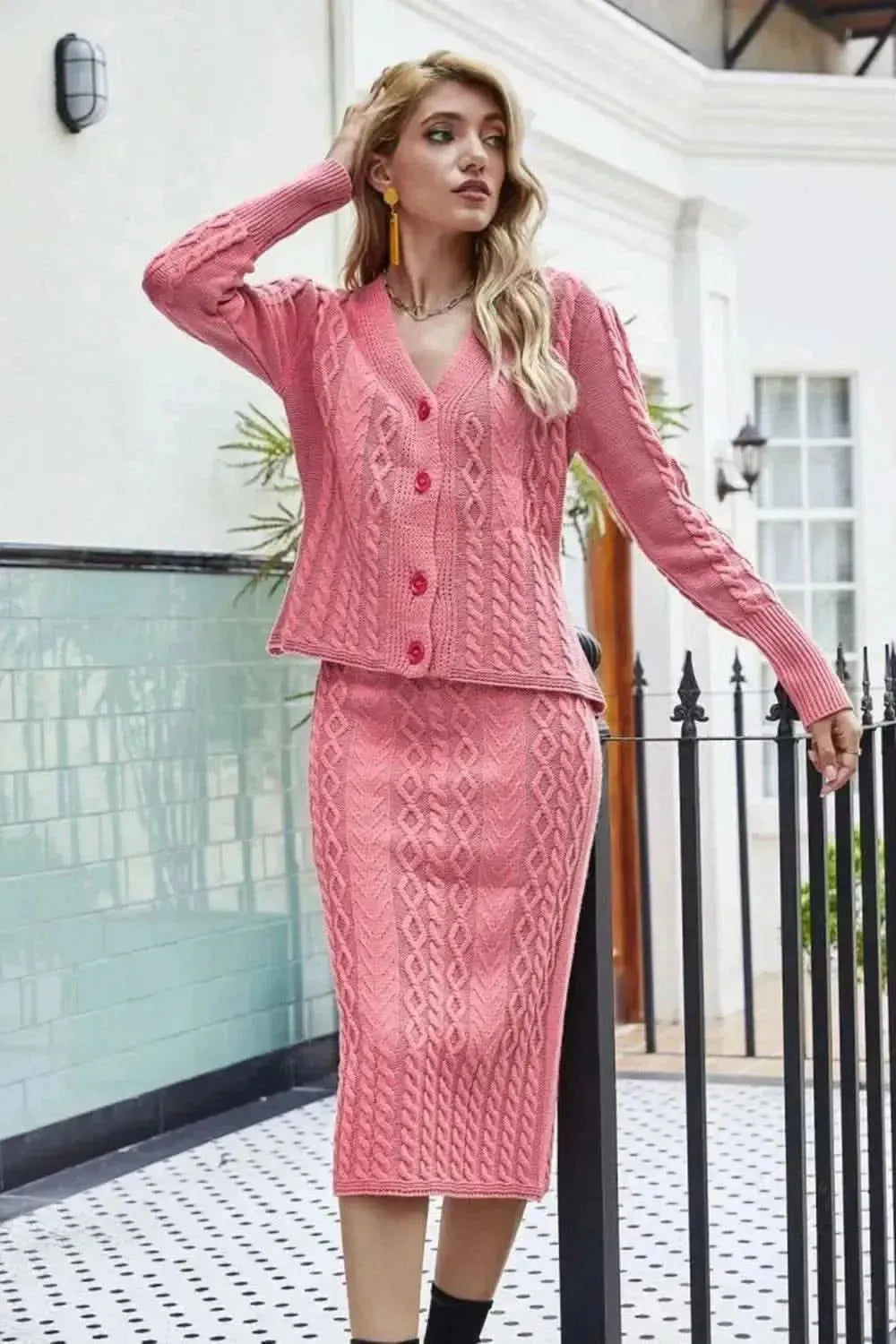 Mixed Knit V-Neck Cardigan and Knit Skirt Set - Bad Moms Club